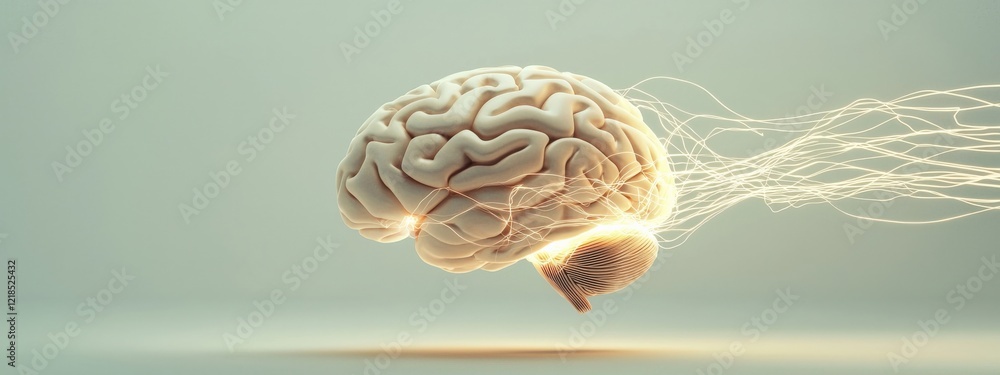 Poster floating human brain with glowing neural connections and abstract light trails in soft background