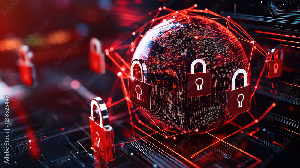Poster conceptual illustration of global cybersecurity featuring globe surrounded by digital locks and netw