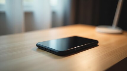 A sleek smartphone rests on a light wood surface, illuminated by a soft lamp glow, creating a calming and tranquil atmosphere