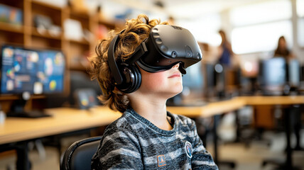 student exploring virtual reality technology in classroom setting