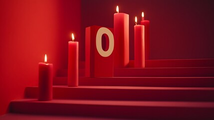 Red candles illuminate a red staircase with a large '0' centerpiece.  Romantic and mysterious, perfect for Valentine's Day or anniversary themes.