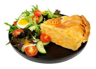 Shortcrust pastry potato and cheese filled pie slice meal with fresh egg salad isolated on a white background