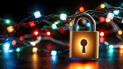 golden padlock illuminated by colorful lights symbolizes cybersecurity awareness and protection. vibrant lights create festive atmosphere, enhancing theme of security