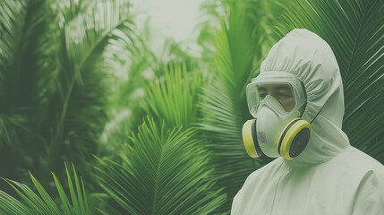 Hazmat Suit in Jungle: A person clad in a full hazmat suit, complete with a respirator mask, stands amidst a dense jungle, their presence a stark contrast to the vibrant greenery.