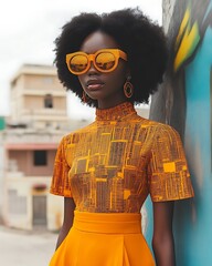 Stylish woman in orange dress and sunglasses.