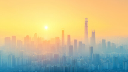Sunrise Metropolis: A hazy sunrise paints the cityscape in warm, golden hues, silhouettes of skyscrapers reaching towards the radiant sun, creating a breathtaking panorama of urban tranquility. 