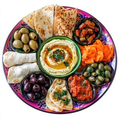 A colorful plate of Mediterranean mezze with falafel and tabbouleh, isolated white background, pop...