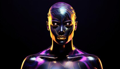 A 3D sculpture of a beautiful human figure crafted from black and gold marble, set against a black background, highlighting the elegance and contrast of the materials.