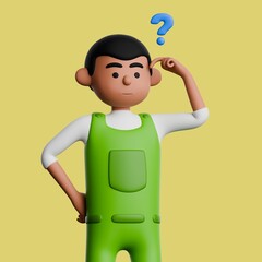 African male in green casual wear, scratching his head with puzzled look. 3d cartoon black man illustration on yellow background.