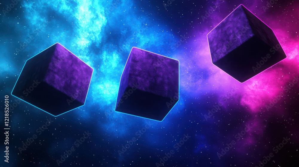 Poster 3d space background with colorful cubes set against a starry cosmic nebula scene