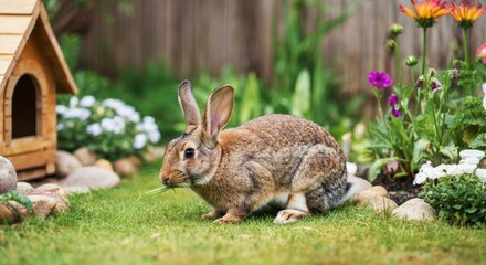 Fototapeta premium Adorable rabbit eating grass in colorful garden
