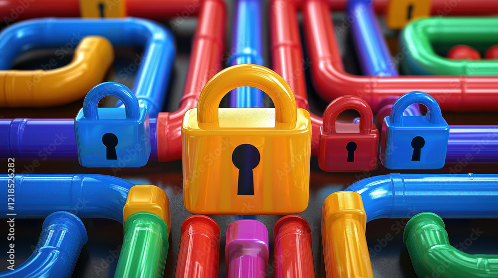 Aufkleber colorful pipes and locks create vibrant illustration of security and encryption. bright colors symbo
