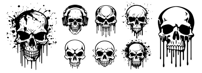 collection of skull illustrations with abstract dripping effects in black silhouette