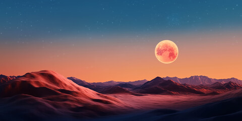 Fototapeta premium Huge pink moon rising above surreal desert landscape at sunset