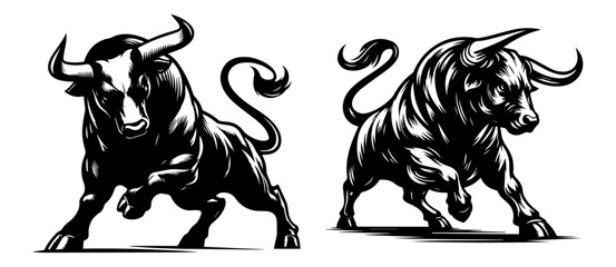 dynamic charging bulls in black silhouette illustration