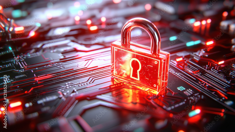 Poster dynamic design featuring glowing padlock on circuit board, symbolizing security and technology. vibr