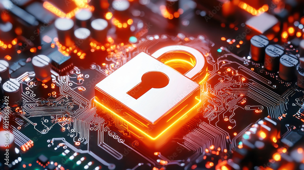 Poster dynamic design featuring glowing padlock on circuit board, symbolizing security and technology. vibr