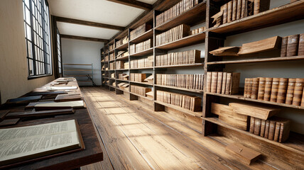 cozy library with wooden shelves filled with books and natural light