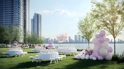Elegant outdoor party setup with white tables, pink balloons, and a beautiful cake. City skyline in the background, perfect for a summer celebration or special event.