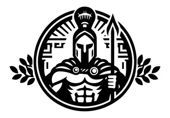 ancient warrior with spear and helmet in decorative black silhouette logo style
