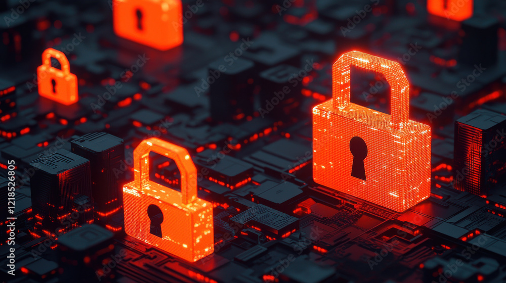 Poster futuristic cityscape with glowing lock icons representing cybersecurity. vibrant red locks symbolize