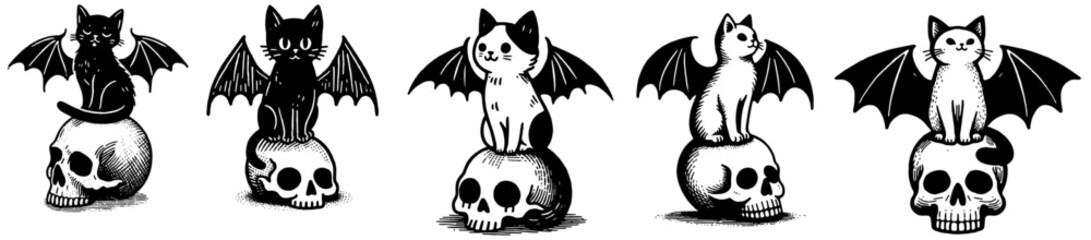 cats with bat wings sitting on skulls in black sketch laser cutting engraving