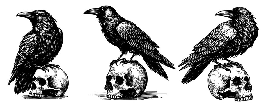 ravens sitting on skulls in black sketch outline illustration laser cutting engraving