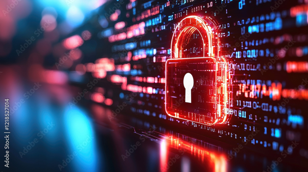 Poster futuristic cybersecurity artwork featuring glowing lock symbol amidst digital data streams, represen