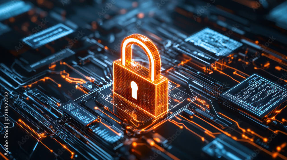 Poster glowing lock icon set amidst encrypted data streams symbolizes digital security and protection. this