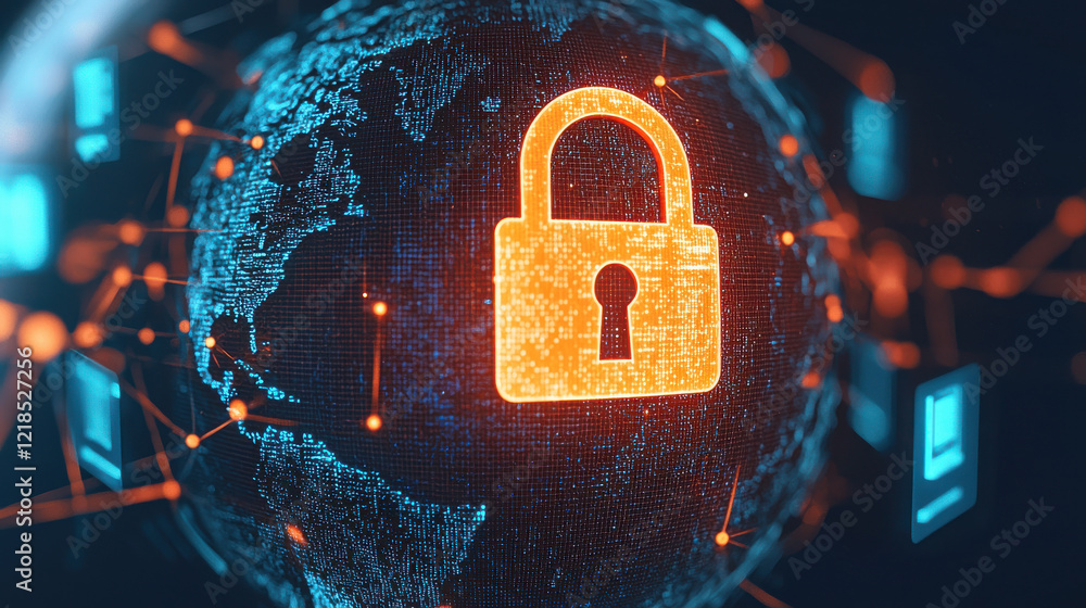 Poster glowing lock symbol at core of 3d virtual globe represents cybersecurity and data protection. this c