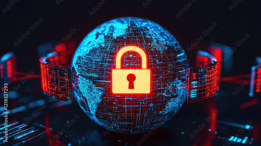 Aufkleber glowing lock symbol at center of digital globe represents cybersecurity and data protection. vibrant