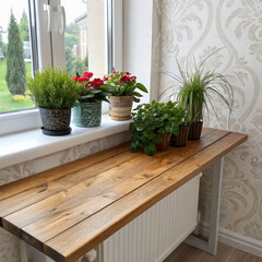 Fototapeta premium Beautiful pine wood table top with flower pot garden morning, natural, nature, pot, spring, spring flower, on white wall window, wallpaper, background