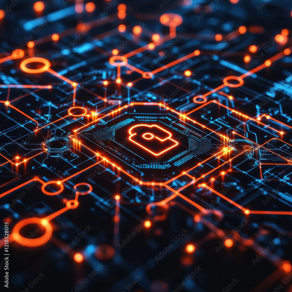 Poster high tech digital display featuring interconnected circuits and glowing elements. vibrant colors cre