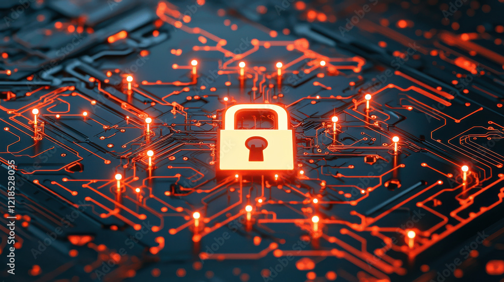 Poster high tech digital display featuring glowing padlock symbol on circuit board, representing cybersecur