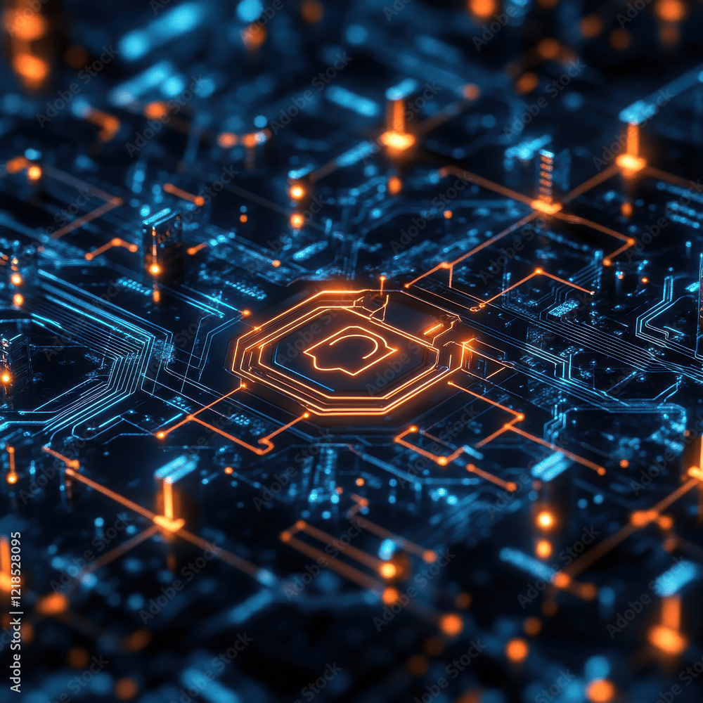 Poster high tech digital display featuring interconnected circuits and glowing elements, showcasing futuris
