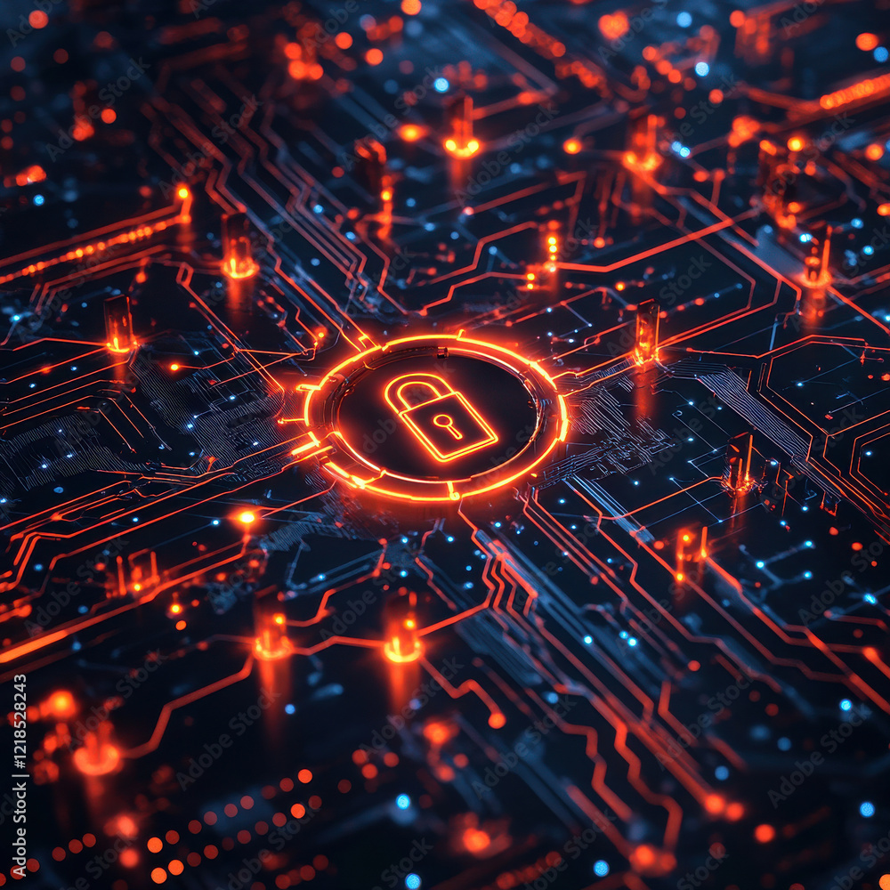 Poster high tech digital display featuring interconnected circuits and glowing padlock symbol, representing