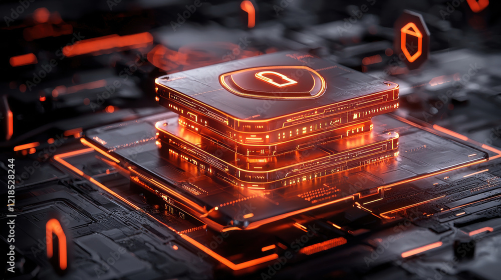 Poster sleek abstract representation of cybersecurity featuring glowing circuits and shield symbol, conveyi