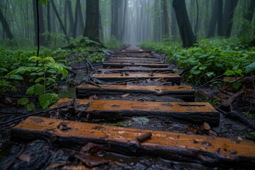 Misty Forest Path After Rain: A Serene and Mysterious Walkway Through Lush Greenery