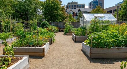 Community garden with raised beds and greenhouse on sunny day