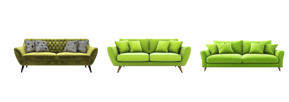 Set of Green Modern Sofa Furniture Set for Interior Design, PNG Transparent on White Background
