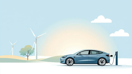 modern electric vehicle charging at high tech station with wind turbines