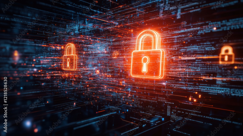 Poster digital illustration featuring glowing lock symbols amidst network of data streams, representing cyb