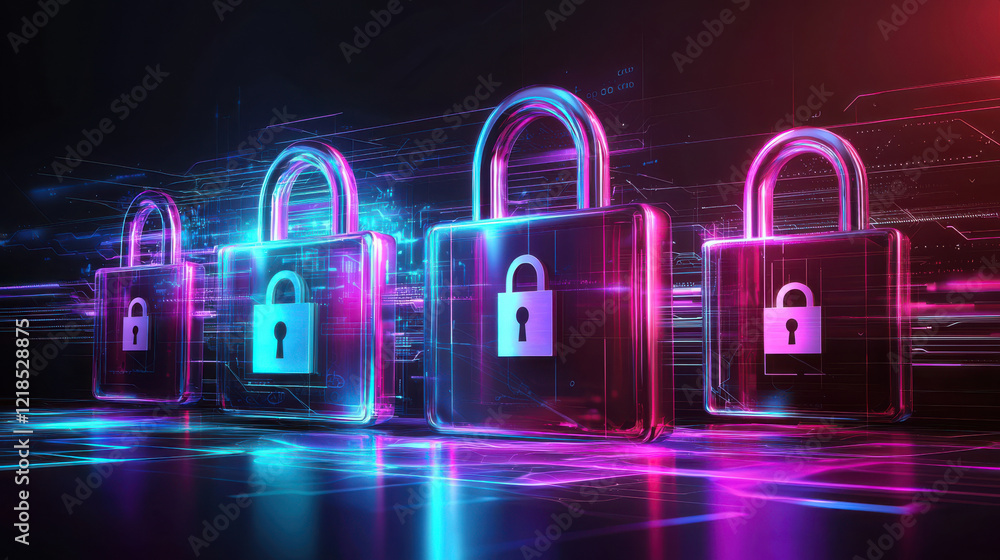 Poster secure digital locks represent data protection and cybersecurity in vibrant, abstract setting. glowi