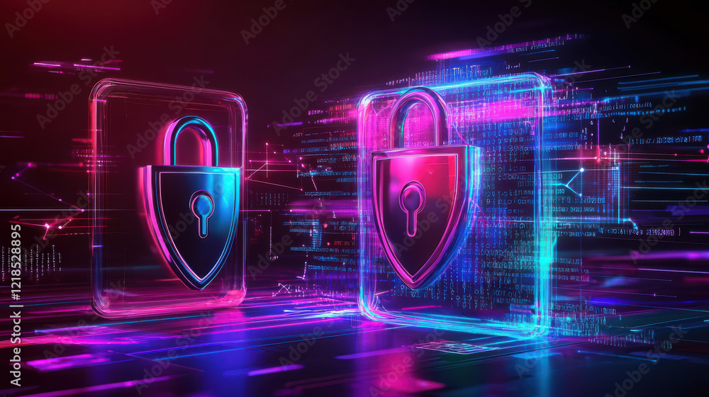 Poster abstract representation of data protection featuring glowing padlocks and digital elements. this con
