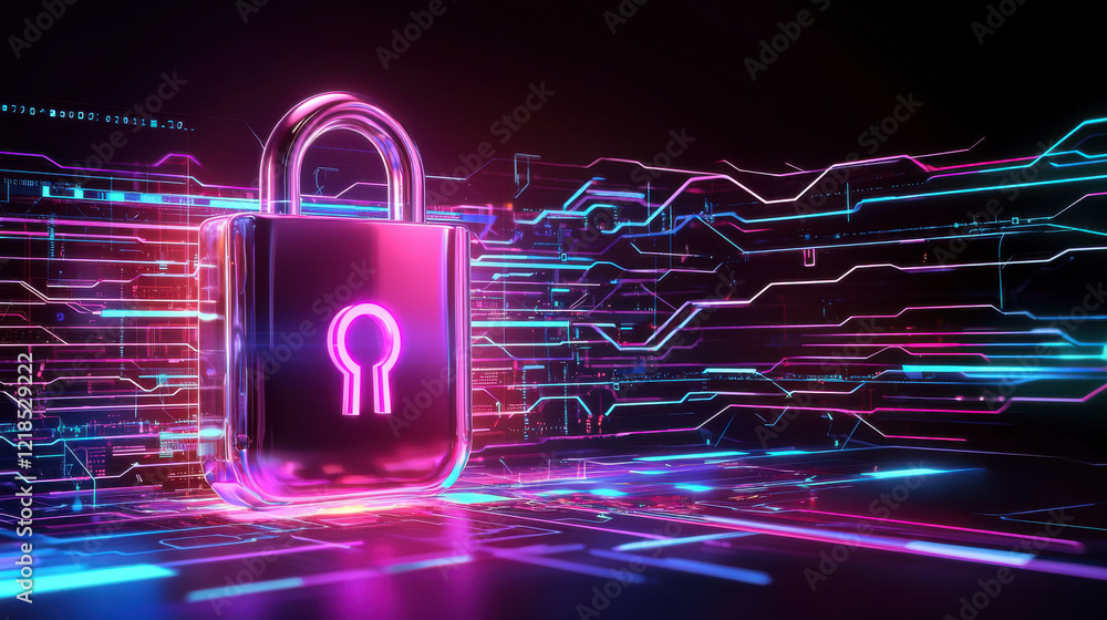 Poster digital padlock symbolizing cybersecurity and data protection, surrounded by vibrant neon circuits a