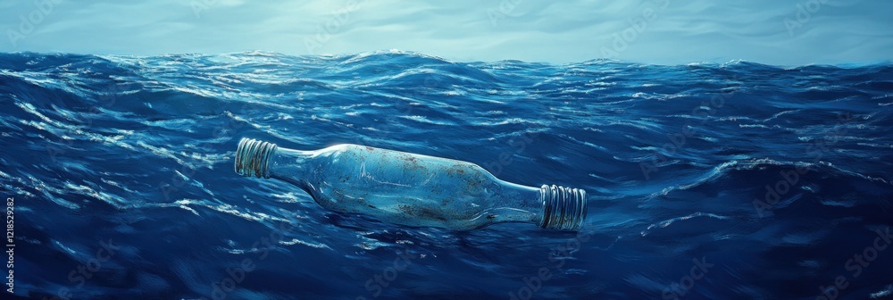 Poster message in a bottle drifting on the open sea surface under a moody sky background