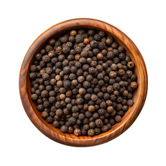 black pepper in a wooden bowl isolated on transparent background, PNG