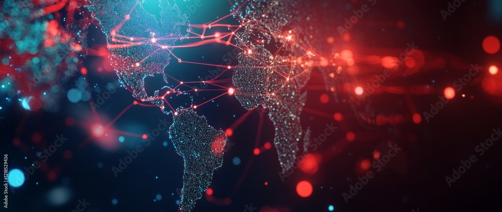 Poster exploration of global network connections with abstract digital map design against blue gradient bac