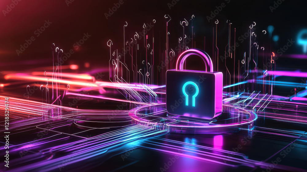 Poster digital illustration of internet network security featuring glowing padlock. vibrant colors and intr