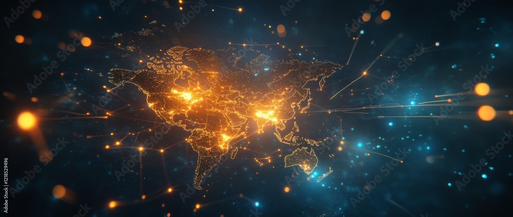 Poster exploration of global network connections with abstract digital map design against blue gradient bac
